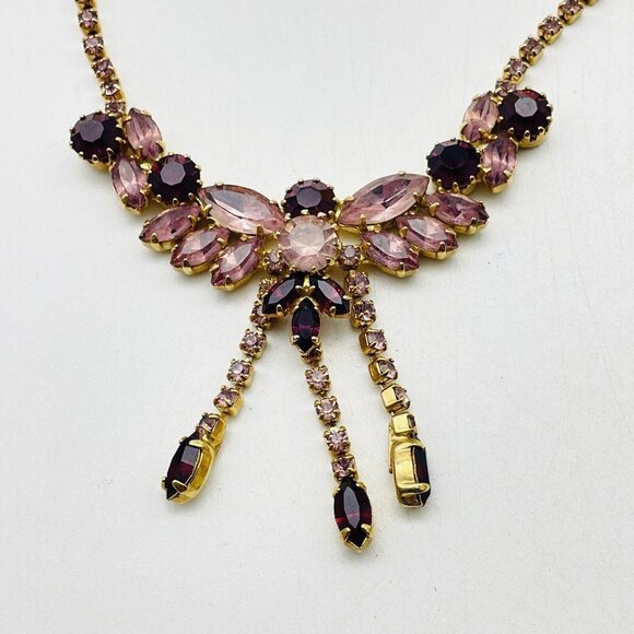 Pink Purple Rhinestone Choker Necklace Gold Tone Glam Bling Sparkle Holiday Gift - Picture 3 of 8